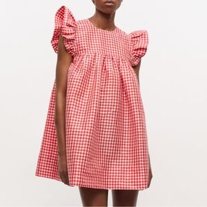 Ganni Red Crinkled Check Taffeta Dress